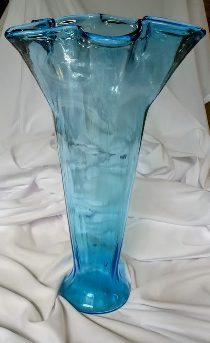 Aqua Blue Vintage Art Glass Tall Flower Vase