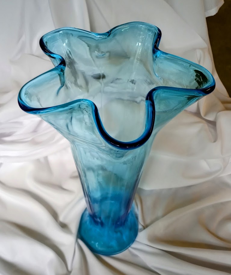 Aqua Blue Vintage Art Glass Tall Flower Vase