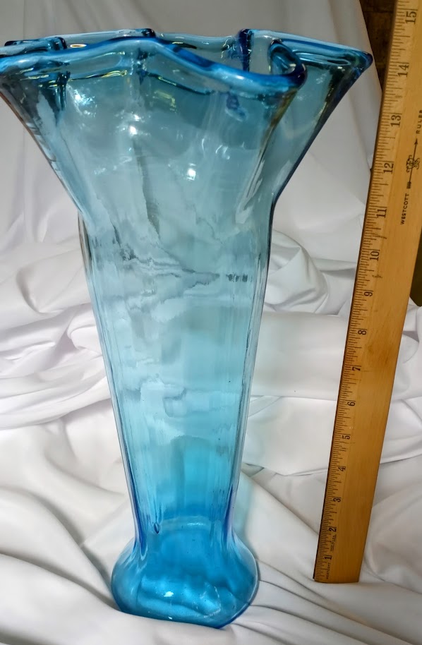 Aqua Blue Vintage Art Glass Tall Flower Vase