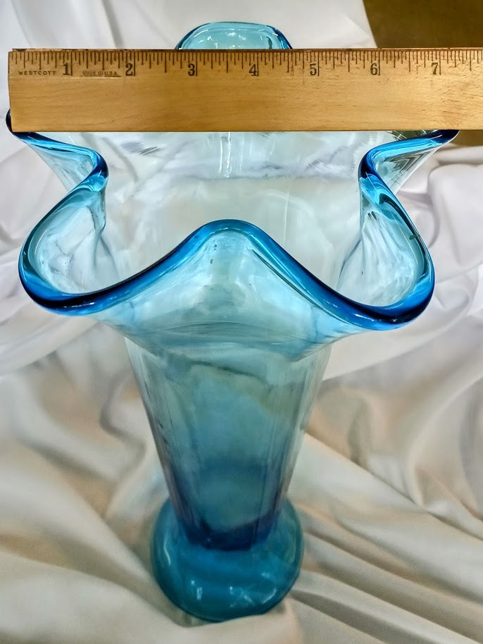 Aqua Blue Vintage Art Glass Tall Flower Vase