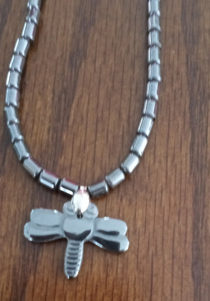 Hematite 16" Necklace with Dragonfly Pendant